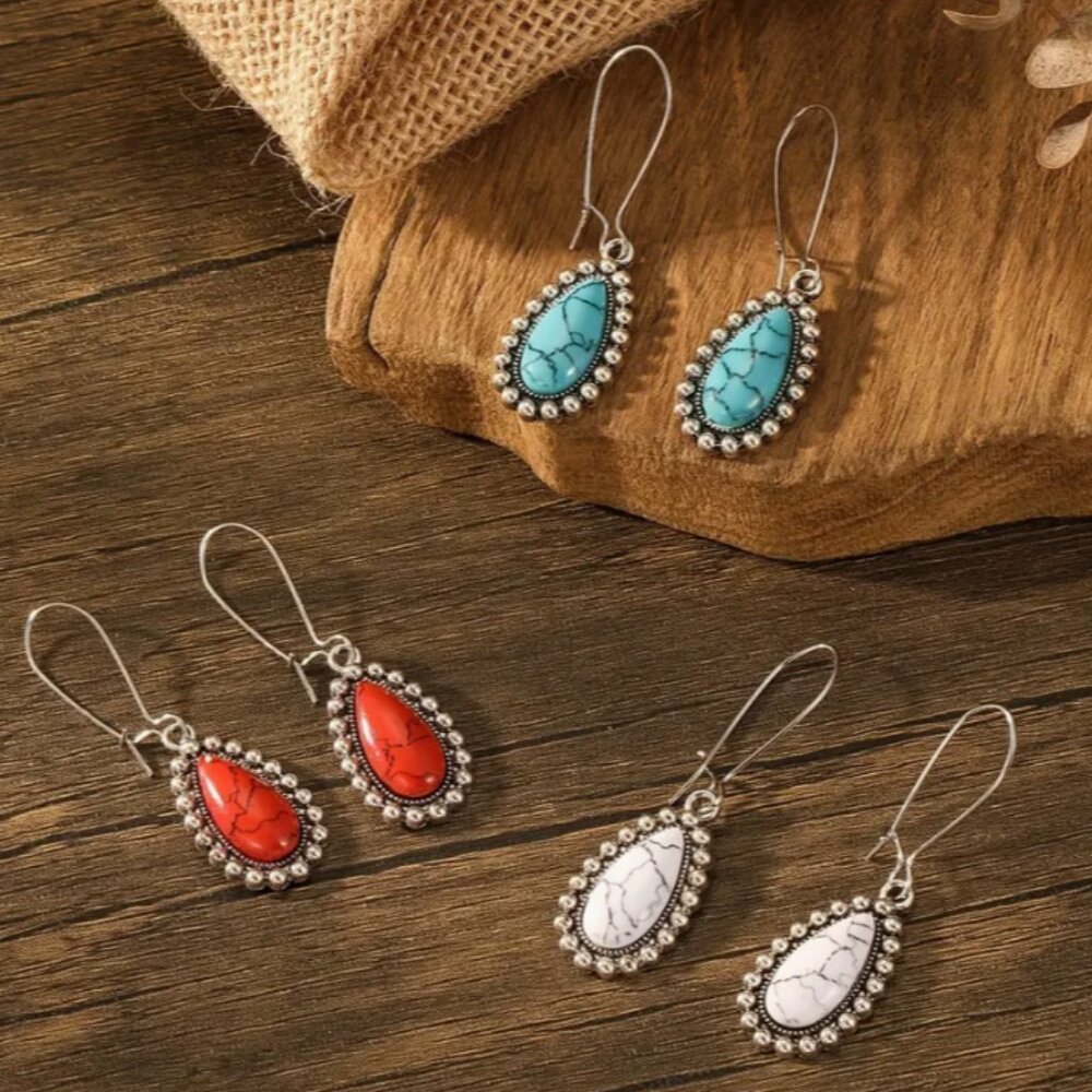 3 Pair - Bohemian Ethnic Turquoise Vintage Water Drop Shape Dangle Earrings